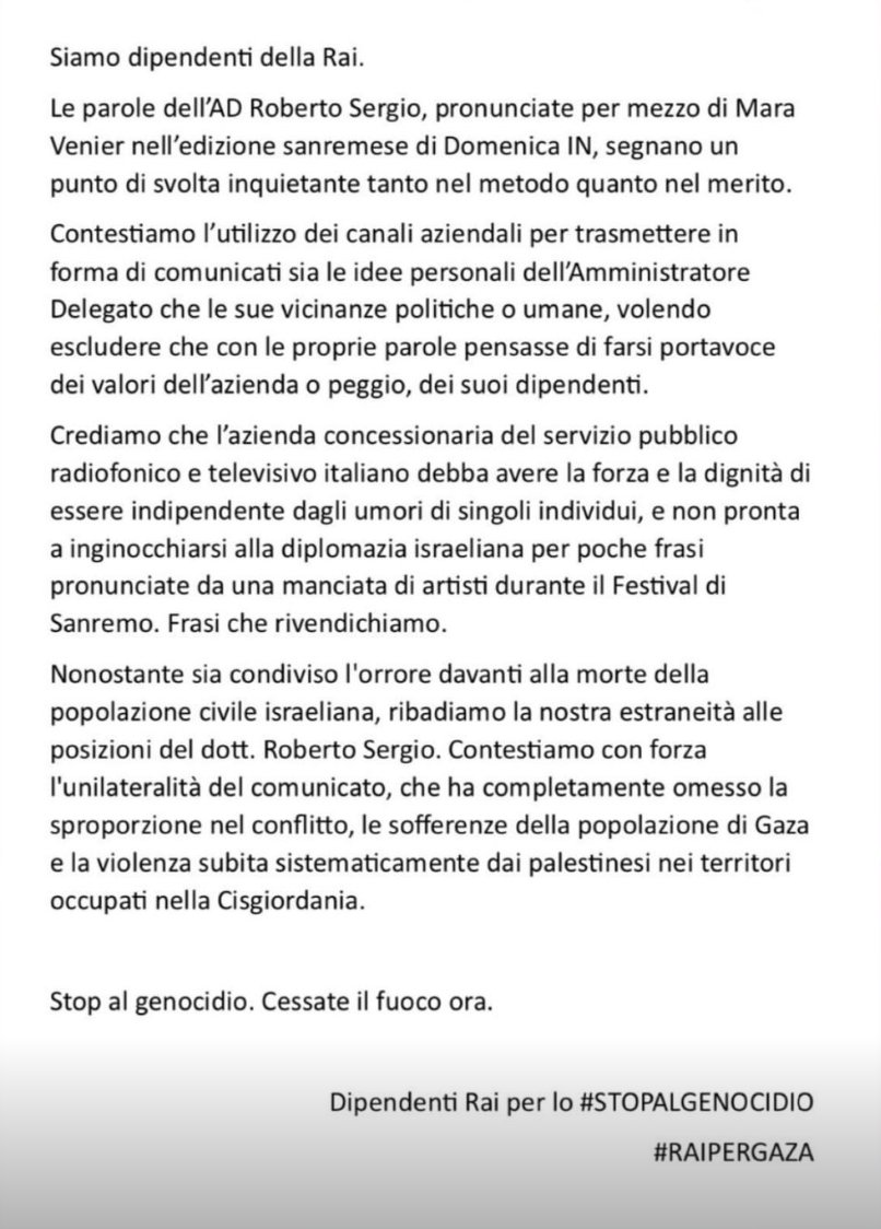 Il comunicato di dipendenti Rai per lo #StopAlGenocidio, nel quale rivendicano le parole pronunciate da Ghali a #Sanremo2024 e prendono le distanze dal comunicato dell'AD Sergio.

#RaiPerGaza