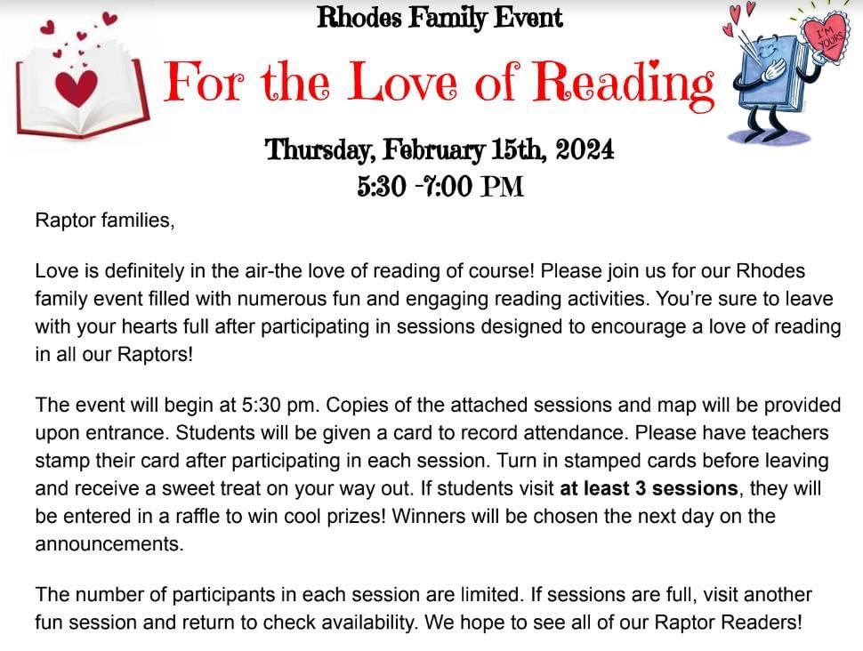 LOVE is in the air! The 3rd Annual Love of Reading Night happens tonight from 5:30p-7:00p. A PTA will be happening before the event from 5:00p-5:30p. We look forward to seeing you there.