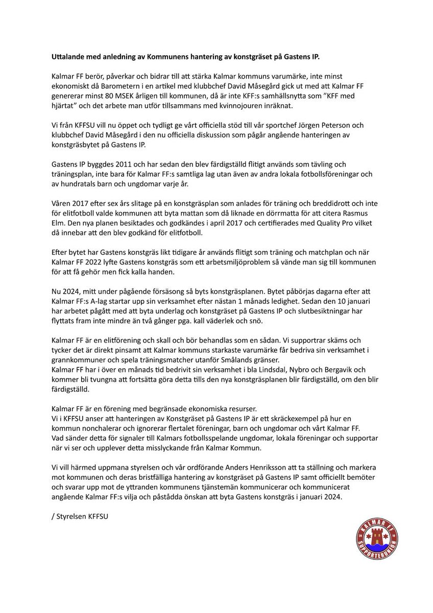 KFFSU's tweet image. Uttalande från Styrelsen i KFFSU med anledning av den pågående debatten om konstgräset på Gasten IP.