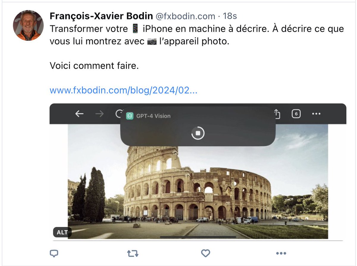 Ç’est là : fxbodin.com/blog/2024/02/1…

#IA #AI #OpenAI #GPT4Vision #iphone #experiment