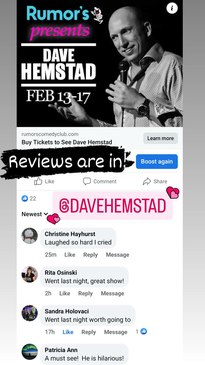 RumorsComedy's tweet photo. Reviews are in for Dave Hemstad's shows! https://t.co/j08pfQYUIn