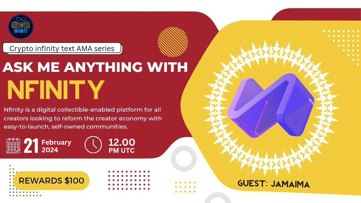 cryptoinfinitys's tweet photo. ๐Get ready for the Next #CryptoInfinity Telegram Text AMA With #NFINITY
๐Prize: $100
๐Date: 21 February 12:00 PM UTC
๐จ Venue: https://t.co/19Z7E7e5Ba
ใฝ๏ธ Rules:
1๏ธโฃ. Follow
@Cryptoinfinitys
@Nfinityapp
2๏ธโฃ. Like Retweet & Comment Your Questions (5 Questions Max) Tag 3 friends https://t.co/SQnMlbk51Y