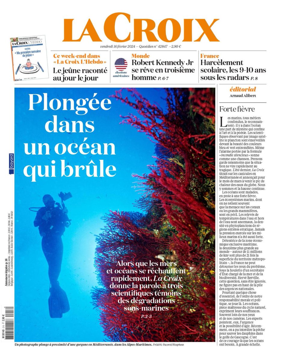 LaCroix's tweet photo. #ÀLaUne de La Croix :
🟠 Plongée dans un océan qui brûle
➡️ Robert Kennedy Jr se rêve en troisième homme
➡️ Harcèlement scolaire, les 9-10 ans sous les radars https://t.co/Uy2wUanYyw