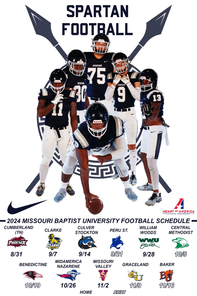 HERE WE GO SPARTAN FANS! The 2024 Schedule is ready to go! Times are still TBA, but lock in the dates for this upcoming season! 🏈 @MBUAthletics @MoBaptistU