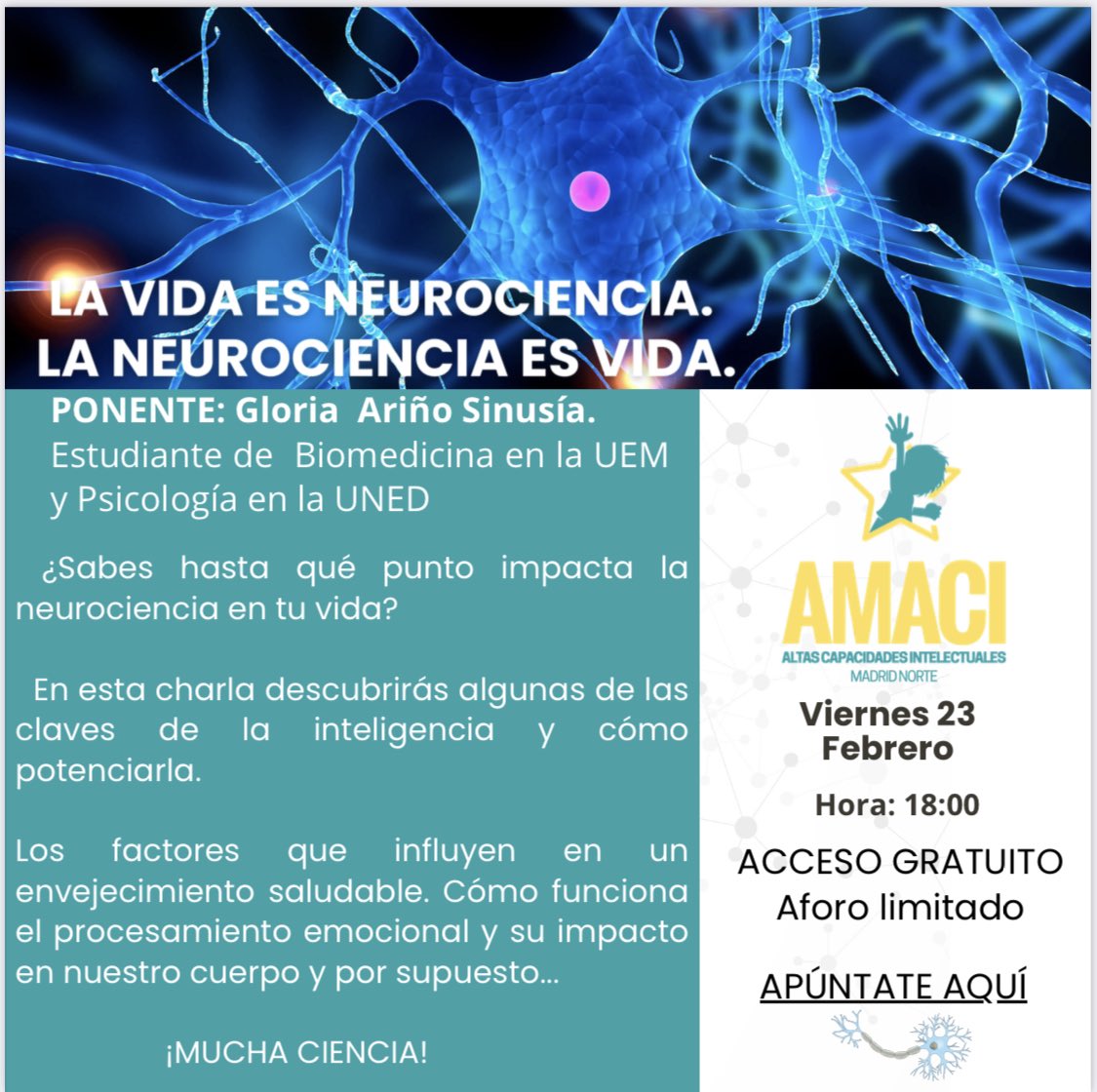AsociacionAMACI's tweet photo. El día 23 tenemos una charla muy interesante en #Alcobendas  https://t.co/Zuu82bc3oa #neurociencia #altascapacidadesintelectuales #AACC #ACI https://t.co/W3dpHoQOpq