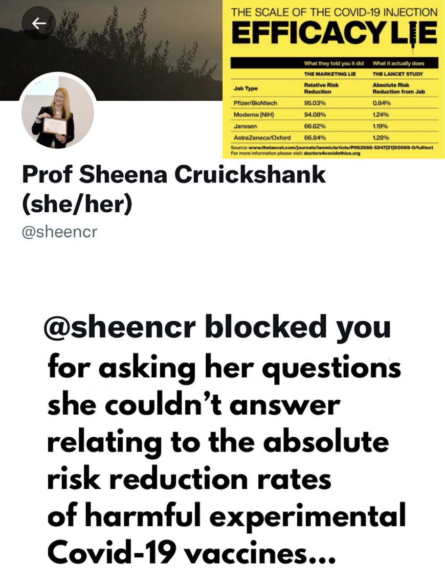 13orangesbc's tweet photo. @A1an_M @sheencr blocked me for asking her questions she couldn’t answer about the absolute risk reduction rates of harmful experimental Covid-19 vaccines, which is quite odd for someone who is apparently an “expert” immunologist...

...only 1% claimed by Big Pharma!!!

#EfficacyLie https://t.co/UEtjRZ9tzx