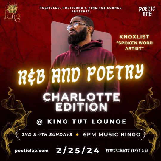 KNOXList's tweet image. poeticlee.com/event-details/…

Use code KNOXPOETIC at checkout #CLT 🤟🏾🌸❤️ 

2/25/24 R&amp;amp;B and Poetry CHARLOTTE EDITION starting at 6pm! 

#ChooseYOU
#ConsistentExecution
#MarathonMentality