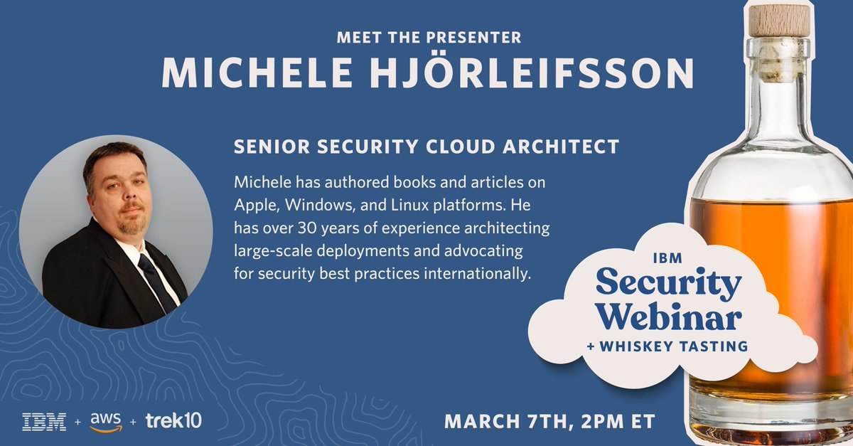 Trek10inc's tweet photo. Meet our Webinar presenter Sr. Security Cloud Architect Mike Hjorleifsson. Mike has authored books &amp; articles on Apple, Windows, and Linux platforms. Learn more about our upcoming Whiskey Webinar:
https://t.co/VlN8D9Oglo
#awssecurity #ibmsecurity #datasecurity #securityscare https://t.co/x20O8Ul7wJ