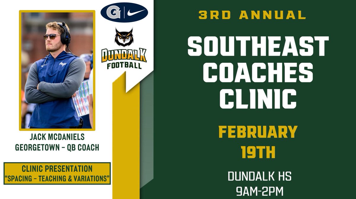 Excited to represent @HoyasFB at @DundalkFootball Southeast Coaches Clinic on Monday 🐶 🦴 @CoachAbelDHS