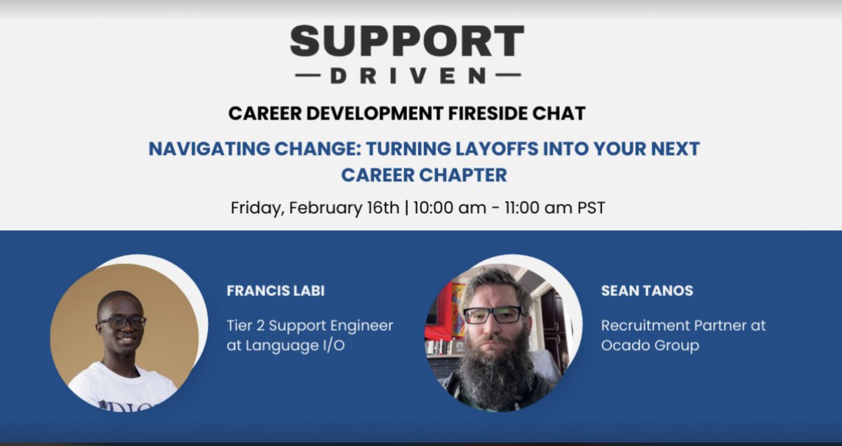 Layoffs are hard! Join me tomorrow at Support Driven's fireside chat on navigating layoffs. 

Don't miss out on gaining valuable insights to propel your career forward! Register now to secure your spot - share.supportdriven.com/February-Caree…📷 

February 16, 10 AM PST/ 6 PM UTC 📷 
#layoffs