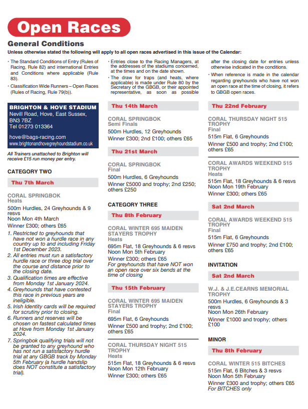 HoveRacing's tweet image. Thursday 22-2-24
'Open Races'
@HoveGreyhounds 

Entries close Monday 19-2-24 at 12 noon

The 'Coral Awards Weekend 515 Trophy Final' 
will be held on Saturday 2-3-24 and is £750 to the winner!

#theplacetorace