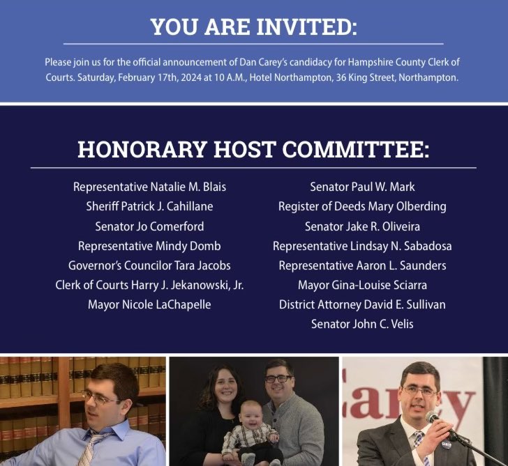 Proud to support my friend and colleague, Rep. Dan Carey, in his run for Hampshire Co Clerk of Courts. 

Hope to see you Saturday at 10 am at Hotel Northampton!