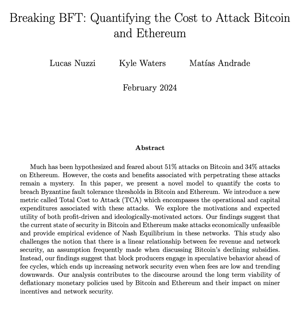 How much does it cost to 51% attack Bitcoin and Ethereum? To find out, we simulated what an attack would look like. Our paper, Breaking BFT, was published today with some interesting results ⬇️ papers.ssrn.com/sol3/papers.cf…