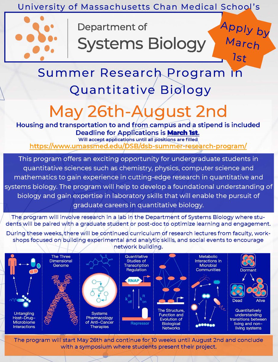 Michael J. Lee (@theleelab) on Twitter photo Undergraduates looking for a summer research experience, you still have time to apply for the <a href="/UMassChan/">UMass Chan Medical School</a> Summer Research Program in Quantitative Biology. Undergraduates looking for a summer research experience, you still have time to apply for the <a href="/UMassChan/">UMass Chan Medical School</a> Summer Research Program in Quantitative Biology.