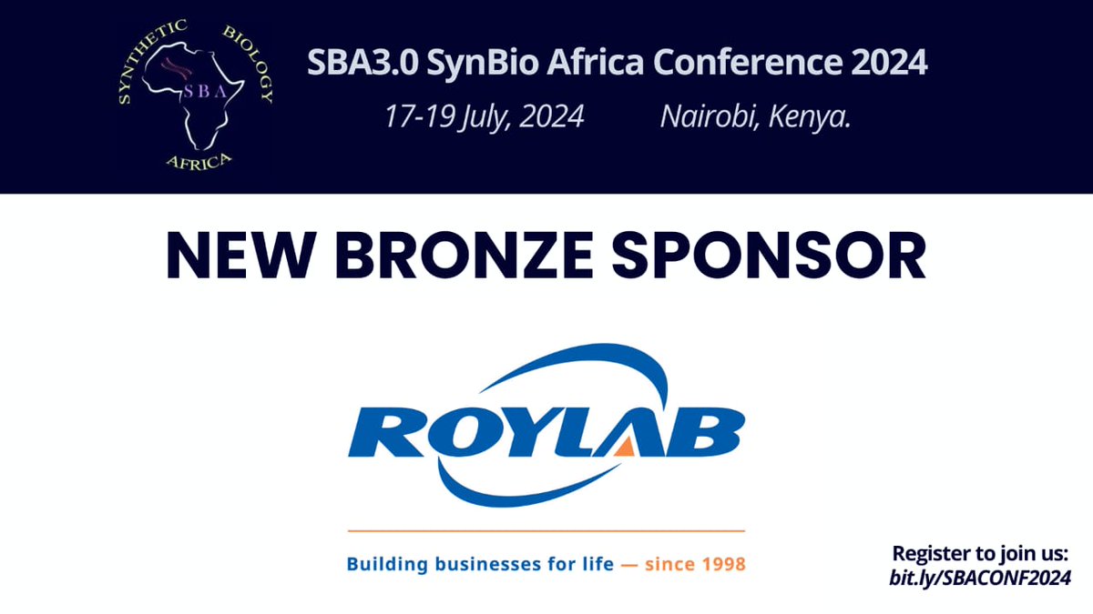 otimgeoffrey25's tweet photo. I am thrilled to announce RoyLab Global as the newest #BRONZE #sponsor of the upcoming SynBio Africa #conference in Nairobi, Kenya from 17-19th July 2024. @RoylabG, headquartered in #Singapore, with Global distribution centers, including in South Africa, is your sole provider and distributor of #affordable #biomanufacturing and #laboratory consumables, #reagents, and #equipment for #biopharma, #healthcare, and #research institutions. Check out their page and website for more details. 
For conference sponsorship, reach out to admin@synbioafrica.com 
Grab your conference ticket here: https://t.co/v1fmUBRB0J