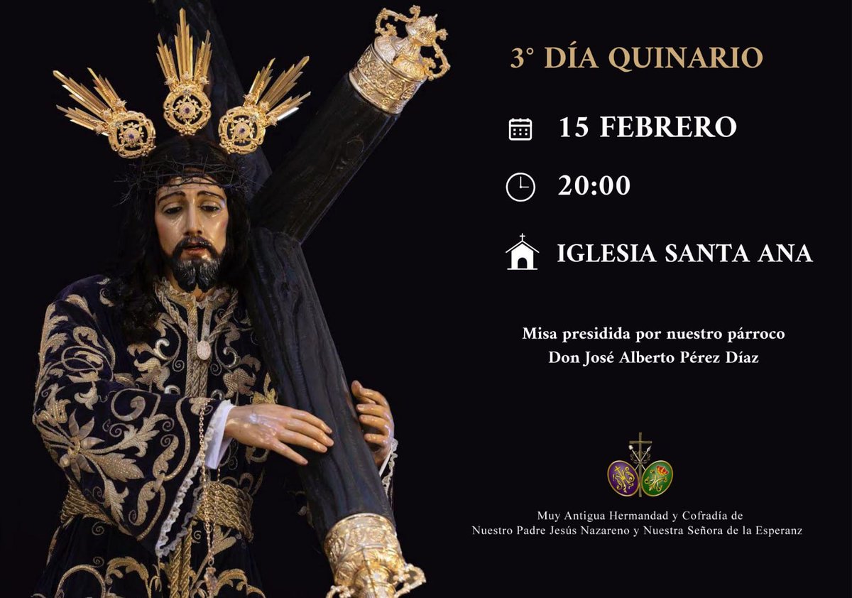 ¿Cómo pagaré al Señor todo el bien que me ha hecho? Alzaré la copa de la salvación, invocando el nombre del Señor. Te ofreceré, Señor, un sacrificio de alabanza. 
Hoy jueves 15 de Febrero, tercer día de Quinario en honor a Nuestro Padre Jesús Nazareno.
🕗20:00