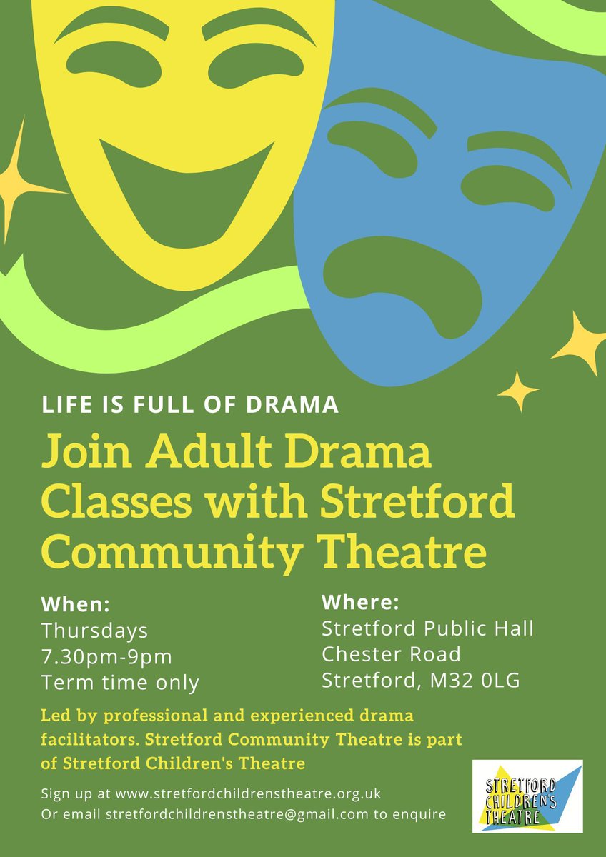 Stretford Community Theatre is starting back on 22nd February.
This is our adult drama class, led by the fabulous Rosarie Walsh.
£25 per month, plus £5 annual membership
Free taster session &amp; financial support scheme offered
Please email stretfordchildrenstheatre@gmail.com