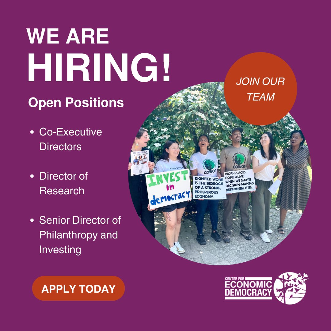 WE'RE HIRING! Apply to join our team & help us build a world beyond capitalism. We're accepting applications for a Director of Research, Senior Director of Philanthropy & Investing, & Co-Executive Directors. 

To apply, see link in our bio.

#SolidarityEconomy #EconomicDemocracy