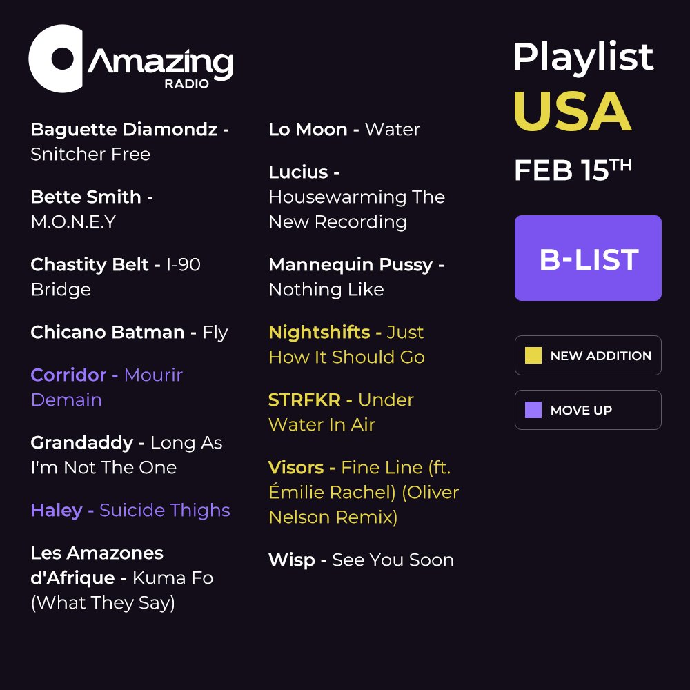 AmazingRadioUSA's tweet image. It's that time again! Here's your core playlist update. Featuring amazing new tunes from @delafayemusic @thebandFRA @rennolympus @urgirlwass @ohitstreyy + loads more*!

Check out the full list here: amazingradio.us/playlist