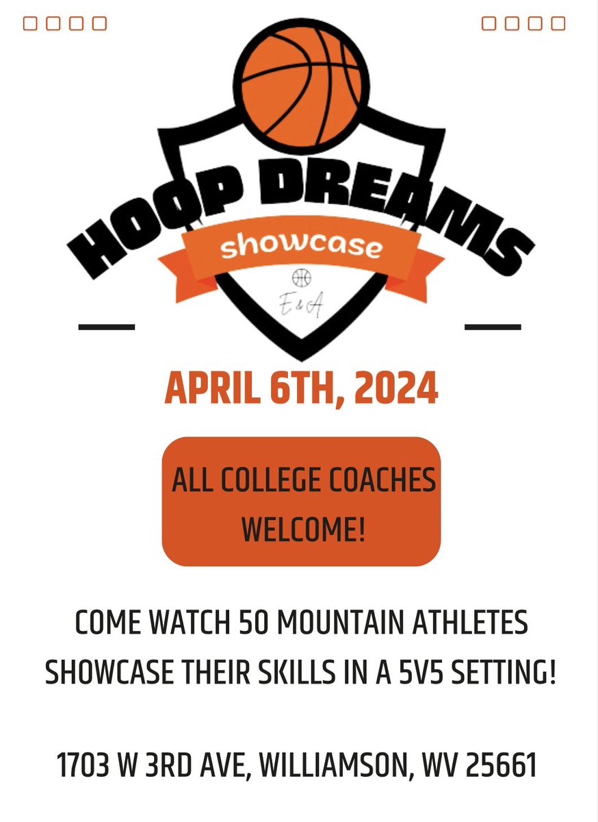 andrew_evans4's tweet photo. College Coaches, on April 6th, 2024 E&amp;A Hoop Dreams will be hosting a college exposure showcase at the historic Williamson FieldHouse. 50 top mountain athletes will be in attendance! We welcome all colleges, and also will cover travel/food expenses. Contact us for more info! 🏀 https://t.co/pdXualuMml