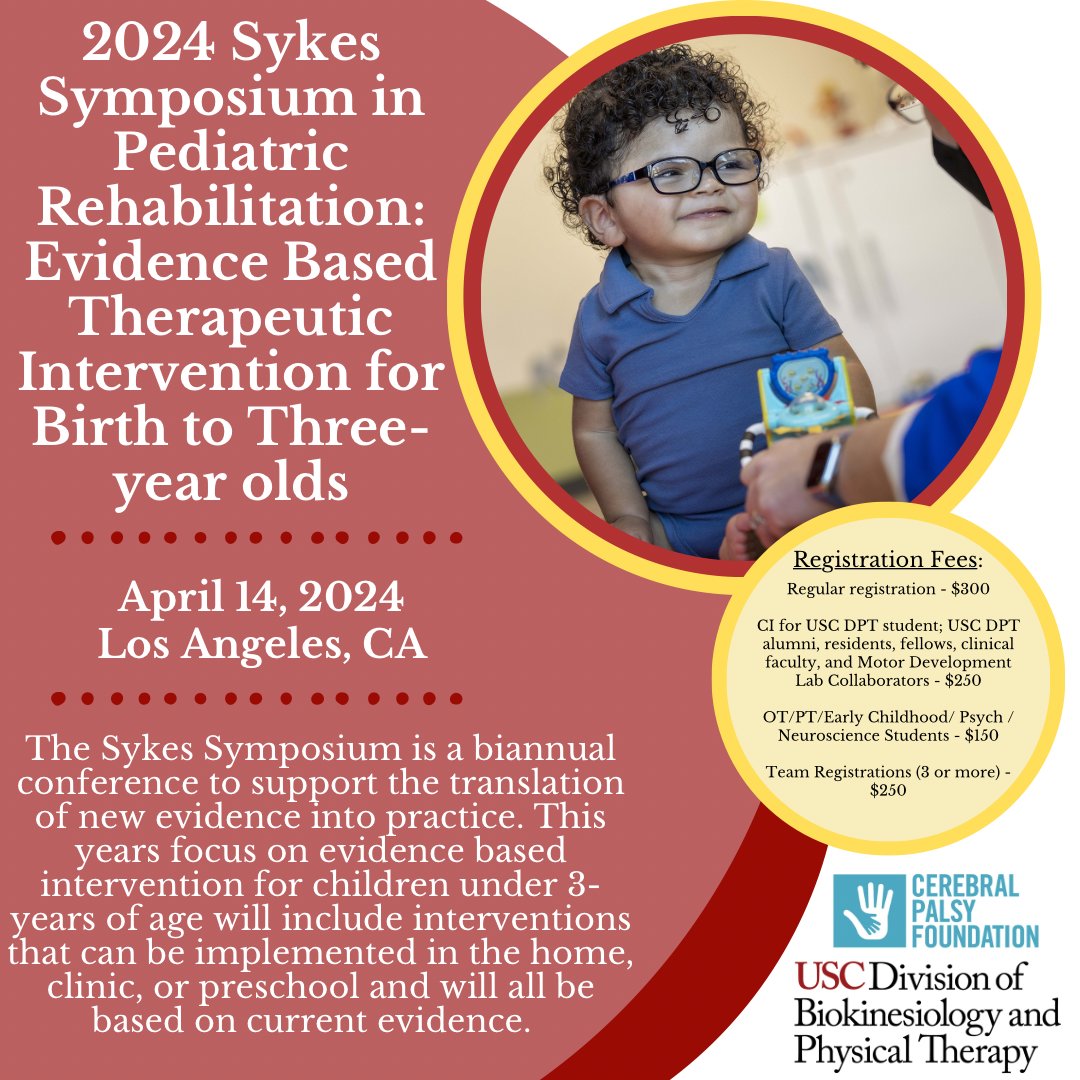 USCPTConEd (@uscptconed) on Twitter photo The Cerebral Palsy Foundation and the USC Division of Biokinesiology and Physical Therapy present "2024 Sykes Symposium in Pediatric Rehabilitation: Evidence Based Therapeutic Intervention for Birth to Three Years Old" on April 14, 2024, in Los Angeles, CA
cerebralpalsyfoundation.regfox.com/2024-sykes-sym… The Cerebral Palsy Foundation and the USC Division of Biokinesiology and Physical Therapy present "2024 Sykes Symposium in Pediatric Rehabilitation: Evidence Based Therapeutic Intervention for Birth to Three Years Old" on April 14, 2024, in Los Angeles, CA
cerebralpalsyfoundation.regfox.com/2024-sykes-sym…