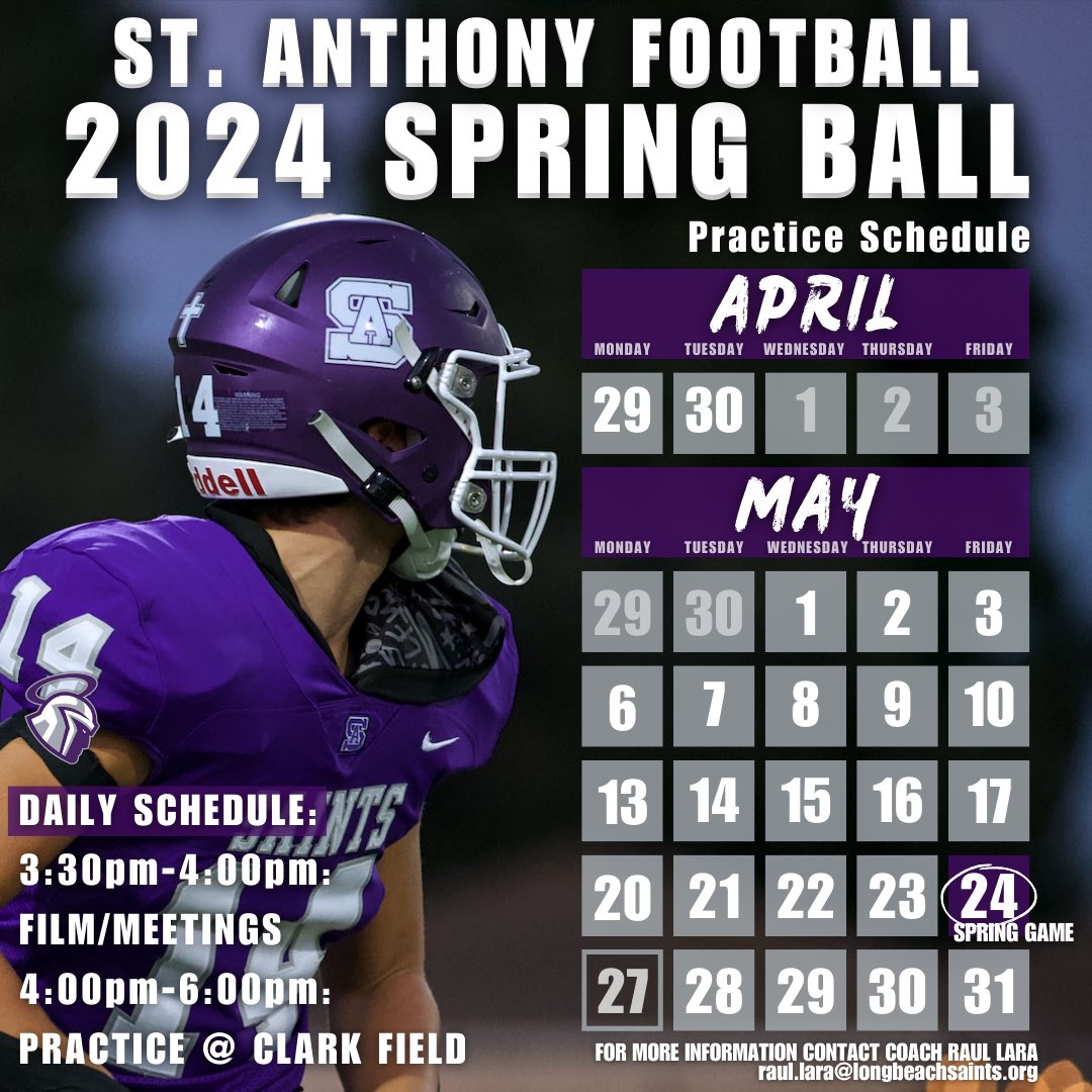 🚨 College coaches looking to come by and check out some of our athletes this spring, here’s our schedule! #RecruitStAnthony #FearTheHalo @SAHSFootball1 @latsondheimer @BeachVarsity @GregBiggins @BrandonHuffman @562sports