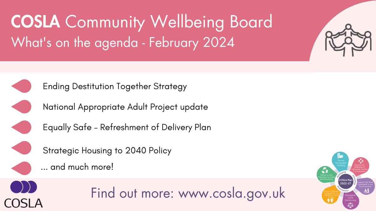 COSLA's tweet photo. The @COSLA Community Wellbeing Board will meet tomorrow, chaired by Spokesperson @CllrChalmersSNP.

A snapshot of just some of the interesting and varied topics to be discussed is below - with the full agenda available here: https://t.co/r8Tbe8RQil

#ThisIsLocalGovernment https://t.co/H6V47EsCmW