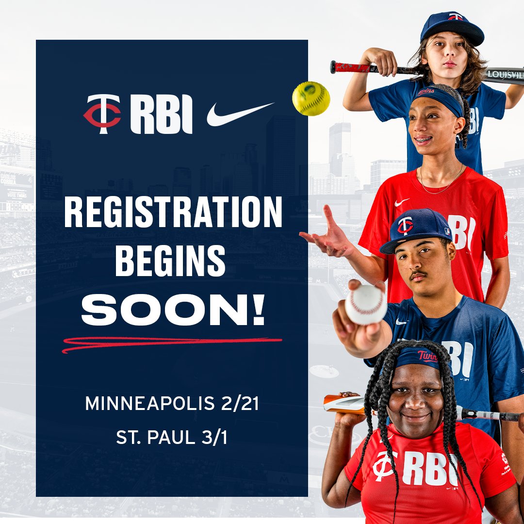 Registration opens soon for Twins Nike RBI summer leagues! Fun. Competitive. Free for all Minneapolis and St. Paul youth who want to play baseball or softball. Get in the game with us this summer! 🥎⚾ Learn more: mlb.com/twins/rbi/regi… @Twins @MLBRBI @MplsParkBoard