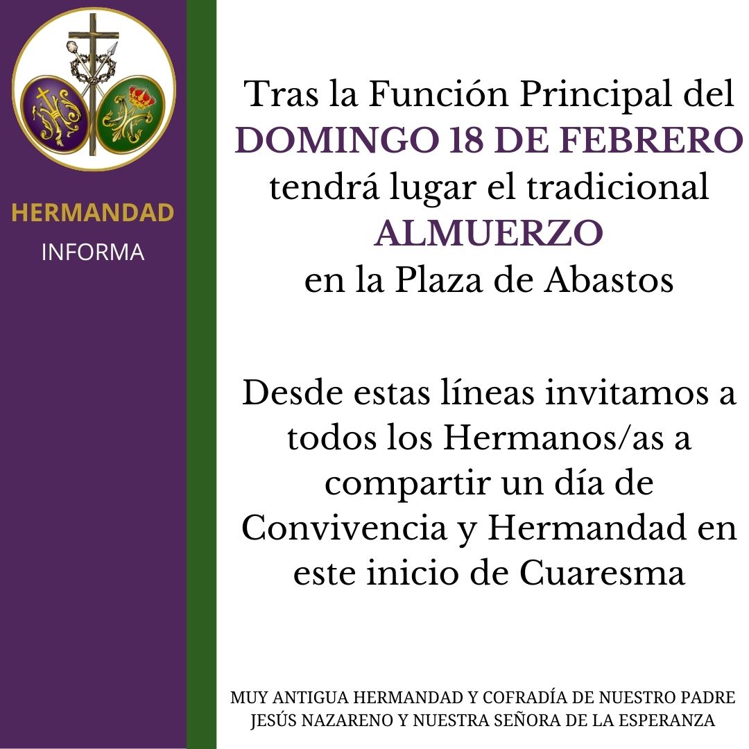 DOMINGO 18 DE FEBRERO, COMIDA DE HERMANDAD