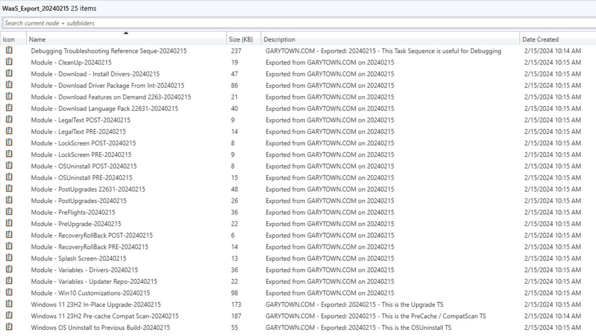 gwblok's tweet photo. WaaS #ConfigMgr Task Sequence Export Updated (24.2.14) - https://t.co/tItdWpbQ6P (One last time)

Updated for #Windows11 Upgrades.

Tests from 10 22H2 to 11 23H2 have been good using latest ISO from VLSC (Jan Release) 

Import into your #SCCM lab and test. #MMSMOA
@miketerrill https://t.co/7shXeDmTD7