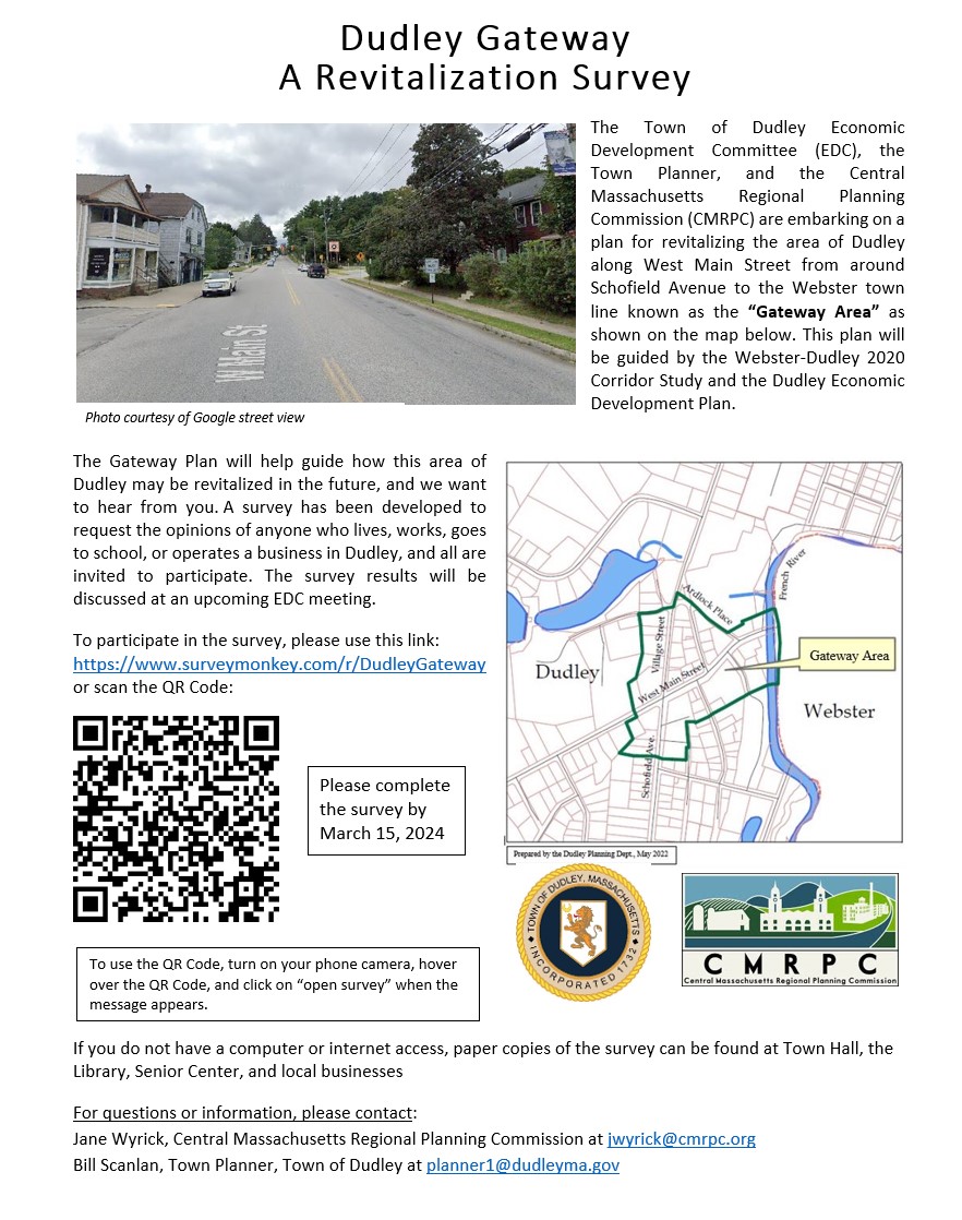 deblaplaca's tweet image. The Dudley Economic Development Committee, Town Planner, &amp;amp; Central Massachusetts Regional Planning Commission  are embarking on a plan to revitalize the area of  along W. Main St. Schofield Ave. area to the Webster town line known as the “Gateway Area.” 
surveymonkey.com/r/DudleyGateway