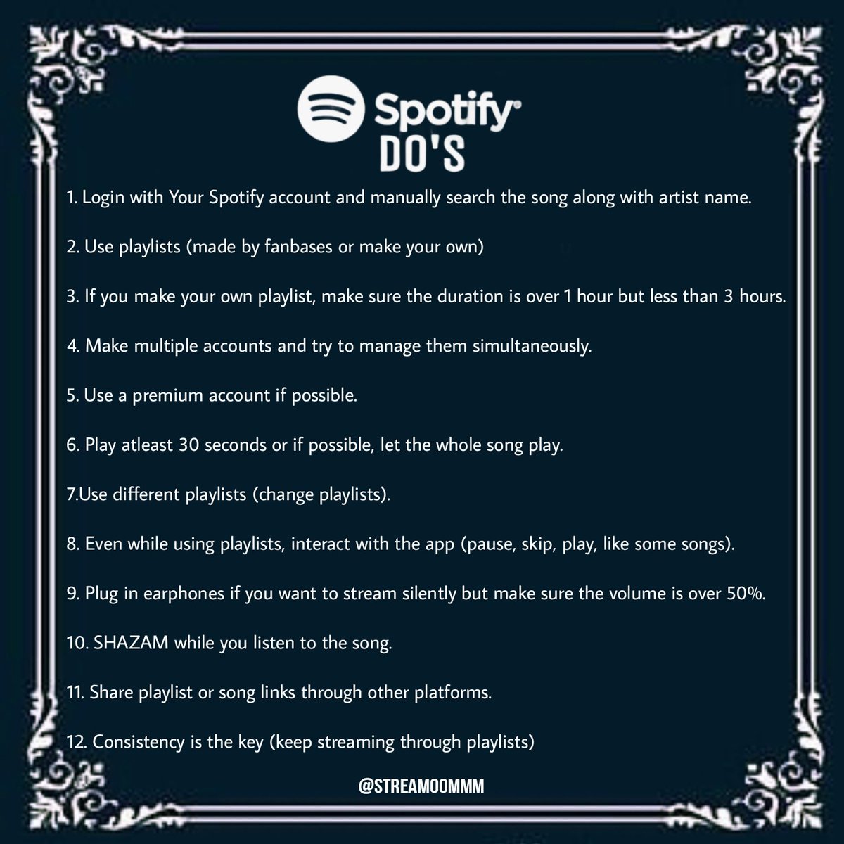 streamoommm's tweet image. The Spotify Do's and Dont's so that everyone can check the information always.
❗️Those are things you should *ideally* do. We know that not everything is possible all the time (premium account etc.) so just do the things you're able to.
Feel free to spread the pics! ❤️ #MAMAMOO