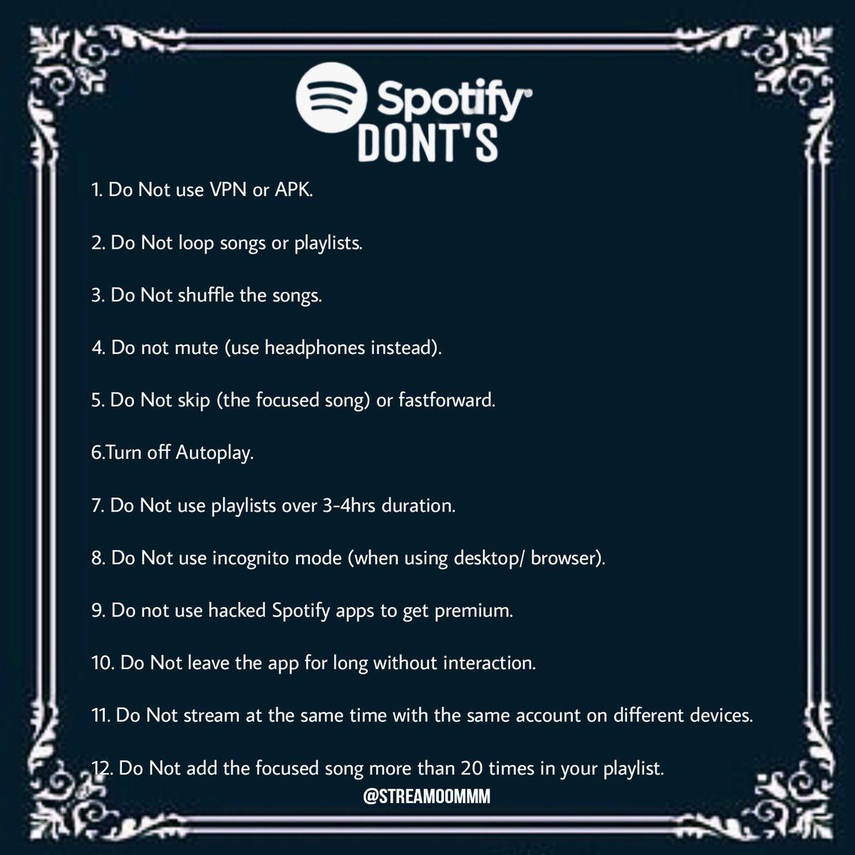 streamoommm's tweet image. The Spotify Do's and Dont's so that everyone can check the information always.
❗️Those are things you should *ideally* do. We know that not everything is possible all the time (premium account etc.) so just do the things you're able to.
Feel free to spread the pics! ❤️ #MAMAMOO