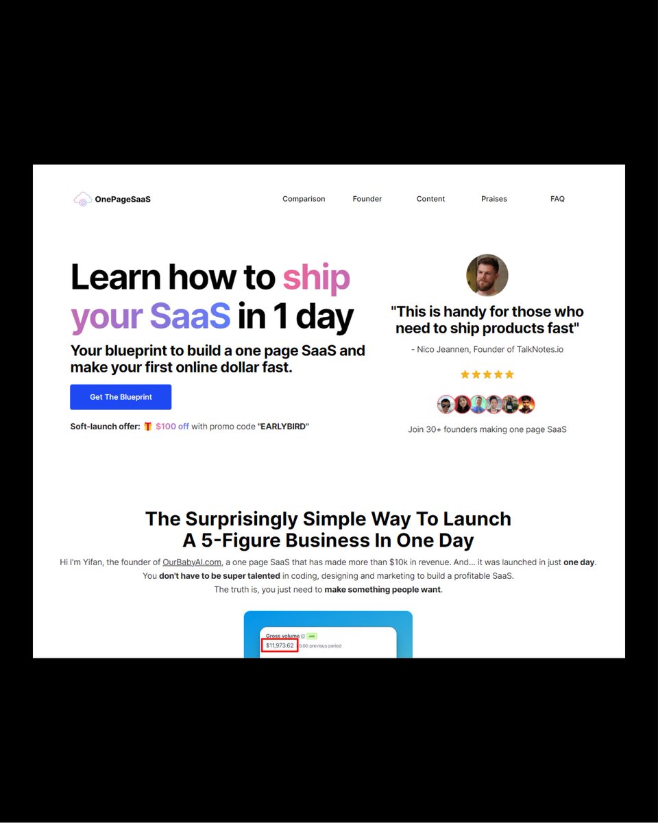 ROASTED 💥 Here's my version of OnePageSaas by <a href="/imgyf/">Yifan Goh</a>

What I worked on:

- Most SaaS sites are starting to look the same, so I wanted to make this one unique

- Cleaned up the layout for a more streamlined look

- Rearranged some info. Given that the main selling point is the