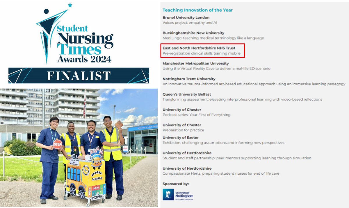 Huge shoutout to the student nurses who made this possible! Beyond grateful being the only NHS Trust shortlisted under this category. 🏆#TeachingInnovationOfTheYear #SNTA @NursingTimes @akeemfernandez9 @jethrovconde @enherts @NamdiAN @AdamSewellJones @ThomPounds @ChiefNursePHT