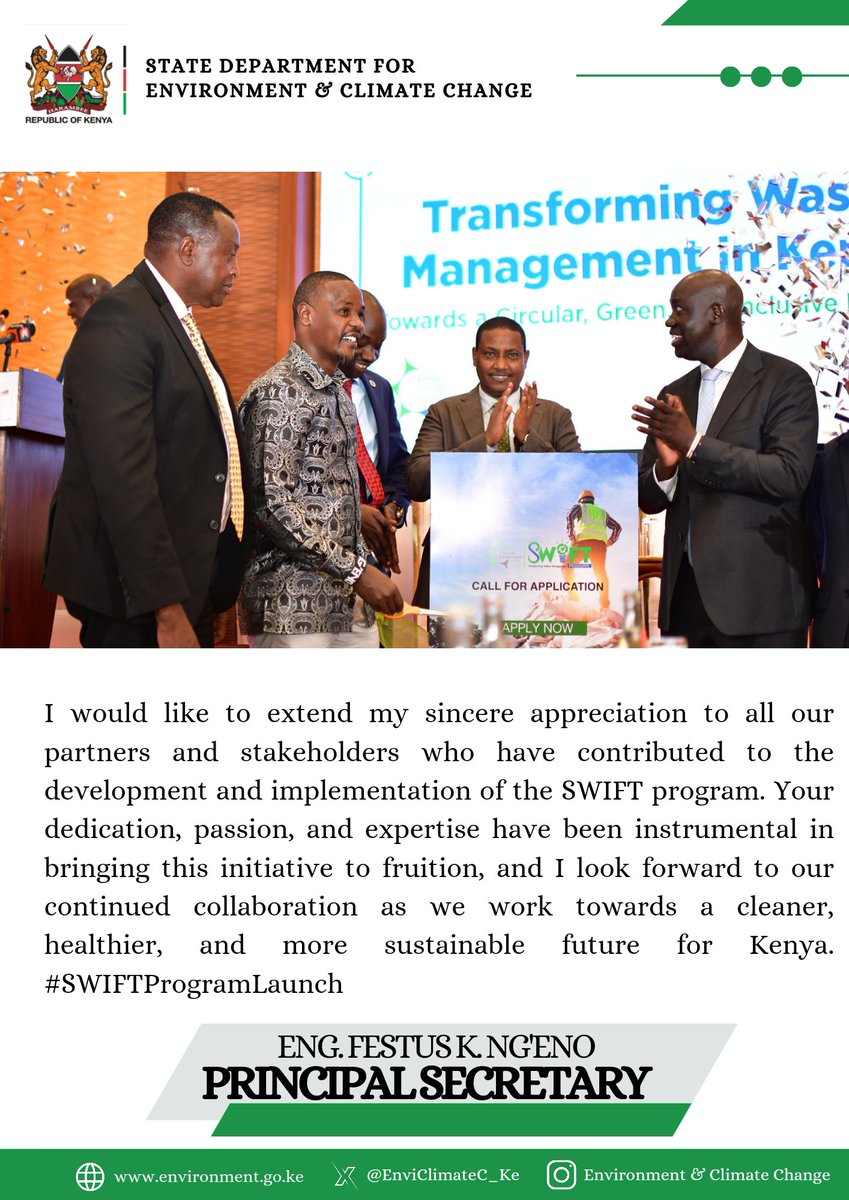 EnviClimateC_Ke's tweet photo. I extend my sincere appreciation to all our partners and stakeholders who have contributed to the development and implementation of the #SWIFTprogram. Your dedication, passion, and expertise have been instrumental in bringing this initiative to fruition ~PS Eng Ng'eno https://t.co/iCPbdspTC1