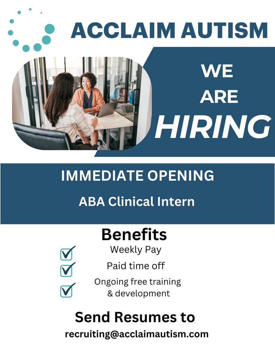 WE HAVE IMMEDIATE OPENINGS FOR ABA CLINICAL INTERNS! If you're interested send your resume to recruiting@acclaimautism.com or click the link below! #Hiring #AcclaimAutism #GPTWCertified #GreatPlaceToWork loom.ly/JpK2coY