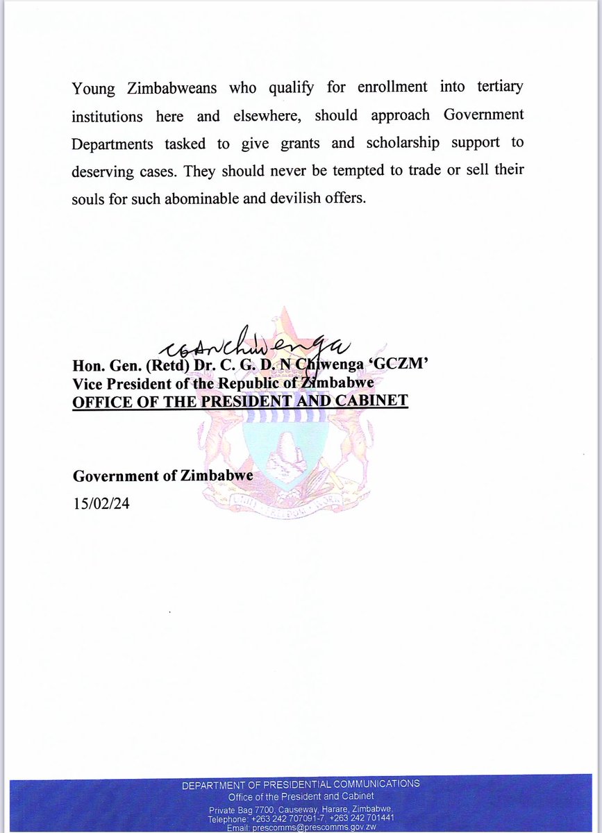 DeptCommsZW's tweet photo. Government of Zimbabwe statement on the so-called LGBT scholarship offer. https://t.co/yCxw26YHO5