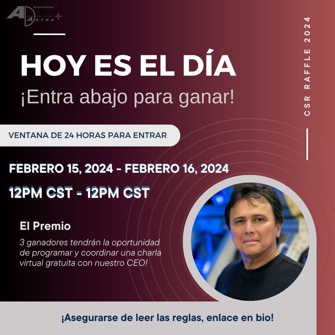 🎉¡Hoy es el día! ¡¡Participa abajo para ganar!!🎉

🔎**¡Consulta el enlace (bit.ly/49rGtQd) para obtener todos los detalles de la rifa anual de RSC de Ad Astra Rocket Company!**

🍀¡Buena suerte a todos los que entren! ¡Los ganadores serán anunciados la próxima semana!