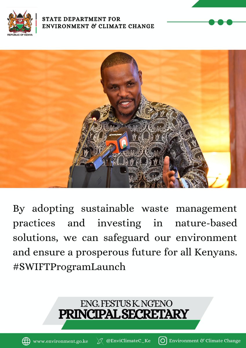 EnviClimateC_Ke's tweet photo. By adopting sustainable waste management practices and investing in nature-based solutions, we can safeguard our environment and ensure a prosperous future for all Kenyans ~PS Eng Ng'eno #SWIFTProgram #CircularEconomy #KCICSwift #SWIFTProgramLaunch https://t.co/6cqBQhtcQj