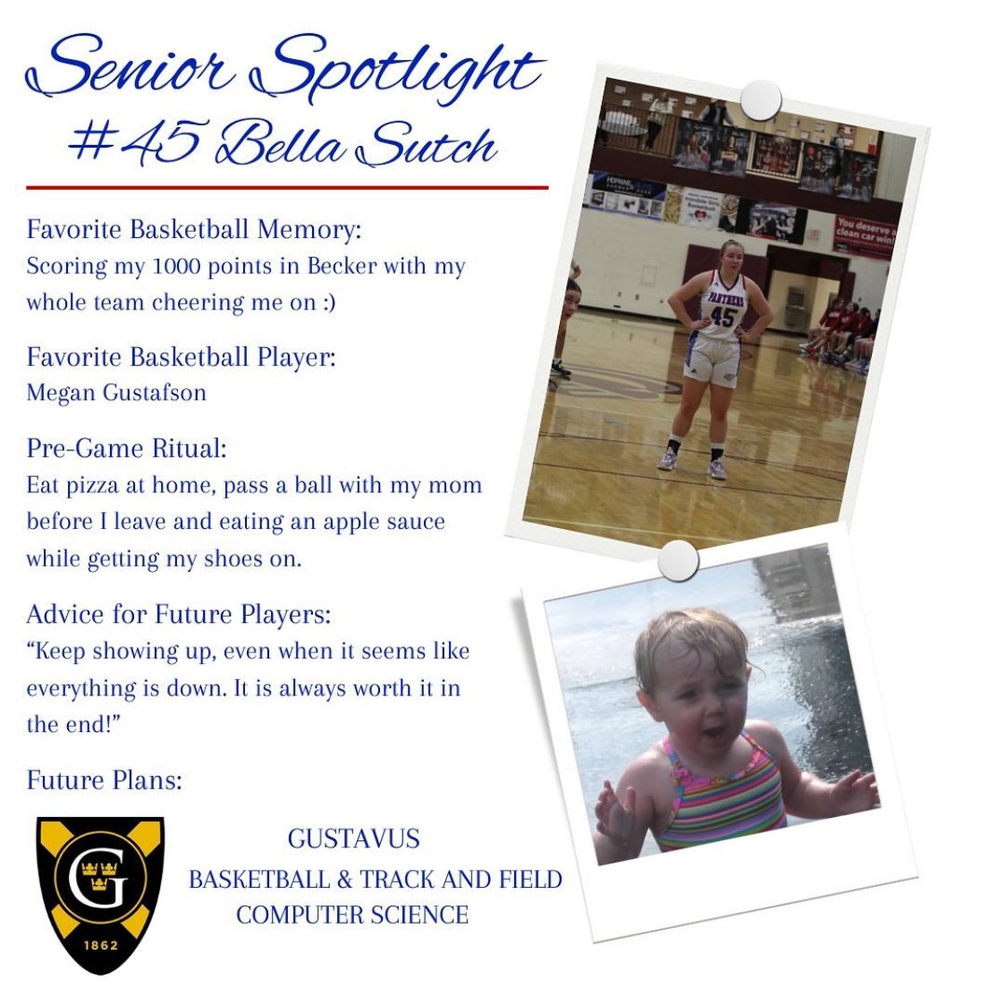 🌟final day of senior spotlight🌟

🔦forward and captain, #45 Bella Sutch

🏀SENIOR NIGHT IS TOMORROW, February 16th at 7pm

▪️COME SUPPORT YOUR SENIORS ON THEIR SPECIAL NIGHT‼️