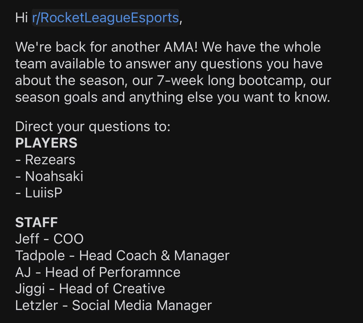 🚨ATTENTION 🚨 We’re doing an AMA on @RLEsport_Reddit 📝 Feel free to ask any questions to the players or staff and we’ll be sure to answer it 👊 Link in the comments 👇