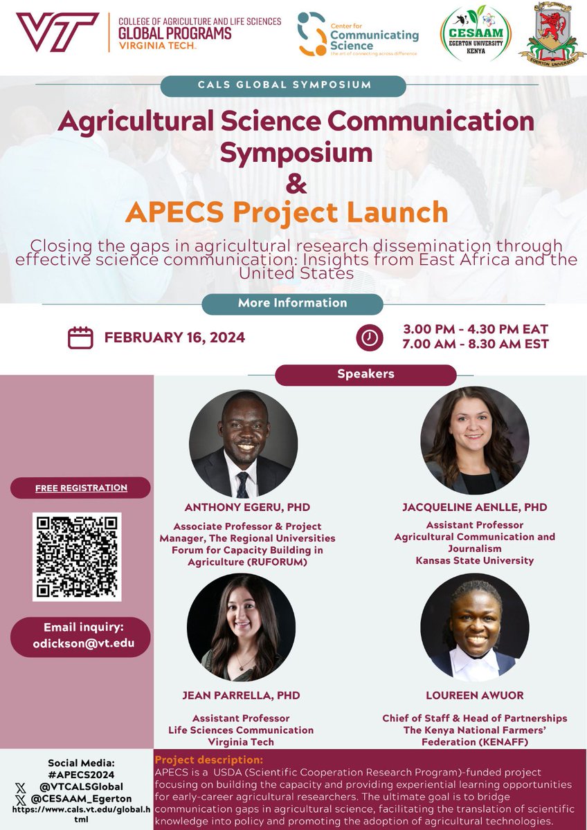 Register to attend a Agricultural Science Communication Symposium and APECS project launch tomorrow (16th Feb 2024) at 3:00pm EAT virginiatech.zoom.us/meeting/regist… Learn how to close the gaps in agricultural research dissemination through effective science communication. #APECS2024