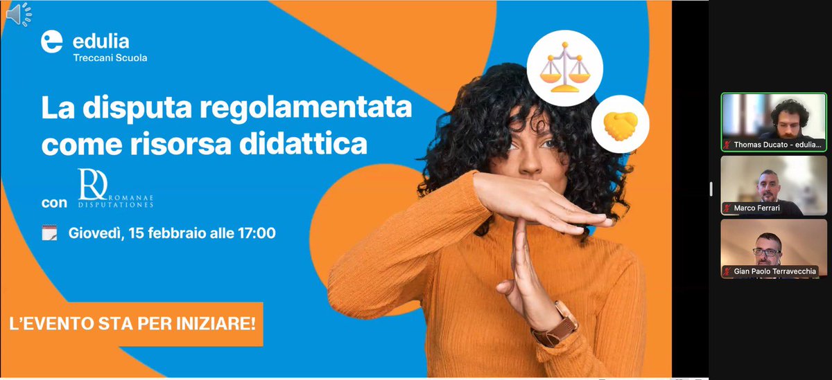 RDisputationes's tweet image. Più di 100 docenti collegati per la presentazione della #disputa come metodologia didattica!
Grazie a Edulia Treccani Scuola
Romanae DisputationesAmore per il Sapere - ApiS