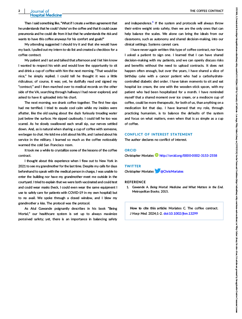 The coffee was mediocre at best, but for this man it was worth risking his life for. My essay, 'The Coffee Contract,' in @JHospMedicine about remembering what really matters in the hospital: …mpublications.onlinelibrary.wiley.com/doi/10.1002/jh…