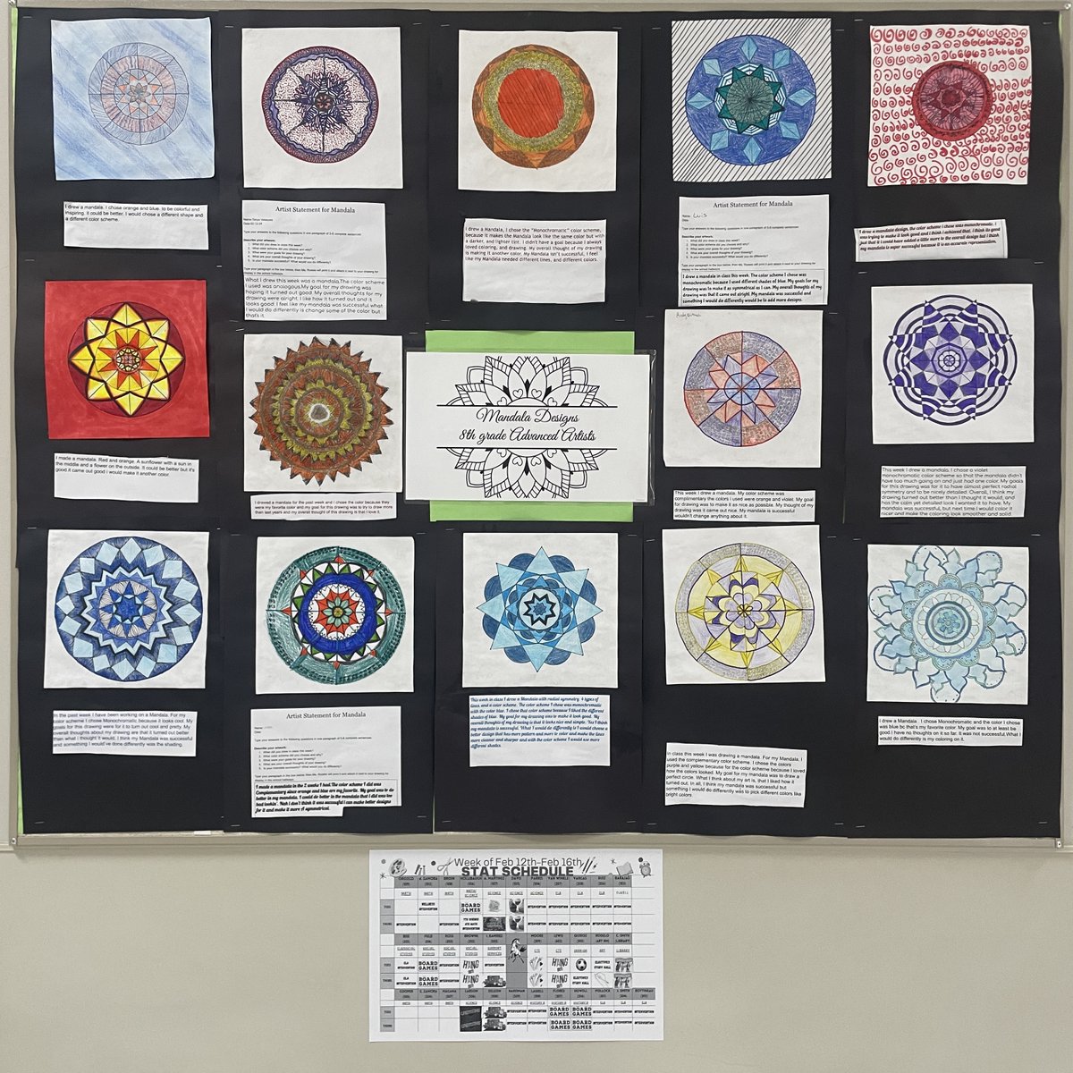 MMSMustangs's tweet photo. 8th grade Advanced Artists completed their Mandala designs using color schemes! Checkout their artwork on display in the hallway. https://t.co/fbqV9xWKFH