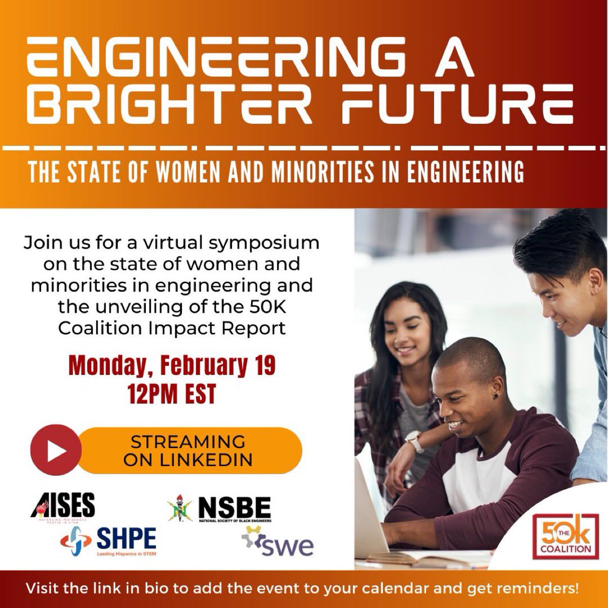 Join the 50K Coalition with AISES, NSBE, SHPE, and SWE to amplify underrepresented voices in engineering. Learn about their goal to graduate 50,000 diverse students. Monday, February 19th at 12pm EST. Tap in to be a catalyst for change! Link in bio. #50KCoalition #DEI