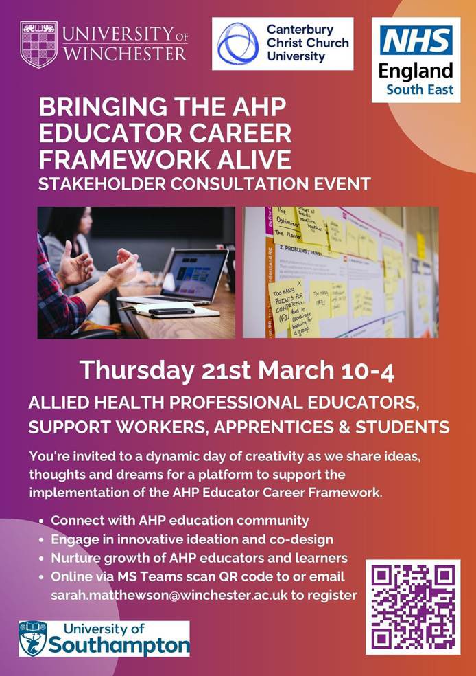 Are you an registered AHP, support worker or AHP learner,  working or studying in the South East of England?

NHS England South East AHP team are co producing a resource to enable the implementation of the AHP educator career framework. 

#AHP #AHPeducator