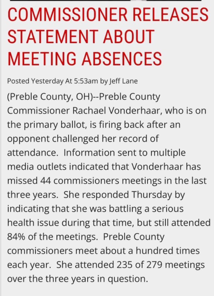 DannoActon's tweet photo. Preble Co Ohio Commissioner #RachelVonderhaar tells @KICKS96WQLK @jeff_lanenews her 84% attendance is fine. Meanwhile she has 100% attendance for her @farmcreditmid @farmcredit Board seat for $93K year. Would #ResignRachel be ok with every Sheriff’s deputy not showing to work dozens of scheduled days per year… without notice?! Did she skip taxpayer meetings to get paid $93,000 per year?