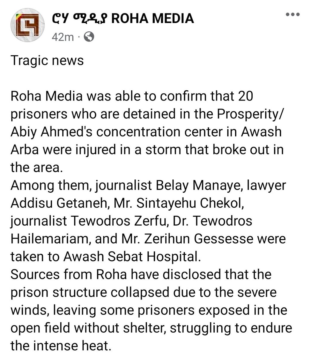 TheFitawrari's tweet photo. 🚨#BREAKING: Reliable sources reporting several Amhara detainees in #AwashArba ("Ethiopia's Guantanamo") have been transferred to a treatment site after exposure to extreme weather. Among them are: @Belay_Ma, @TewodrosHailem6, Zerihun Gessesse, Sintayehu Chekol &amp; Addisu Getaneh. https://t.co/BNXbdYU4dt